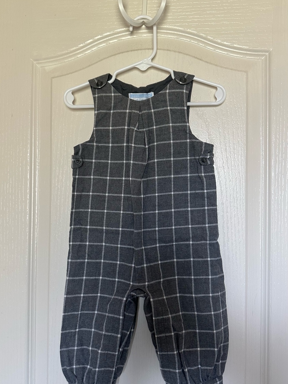 Janie and Jack Baby Boy Gray Plaid Romper Overalls 6–12 Months